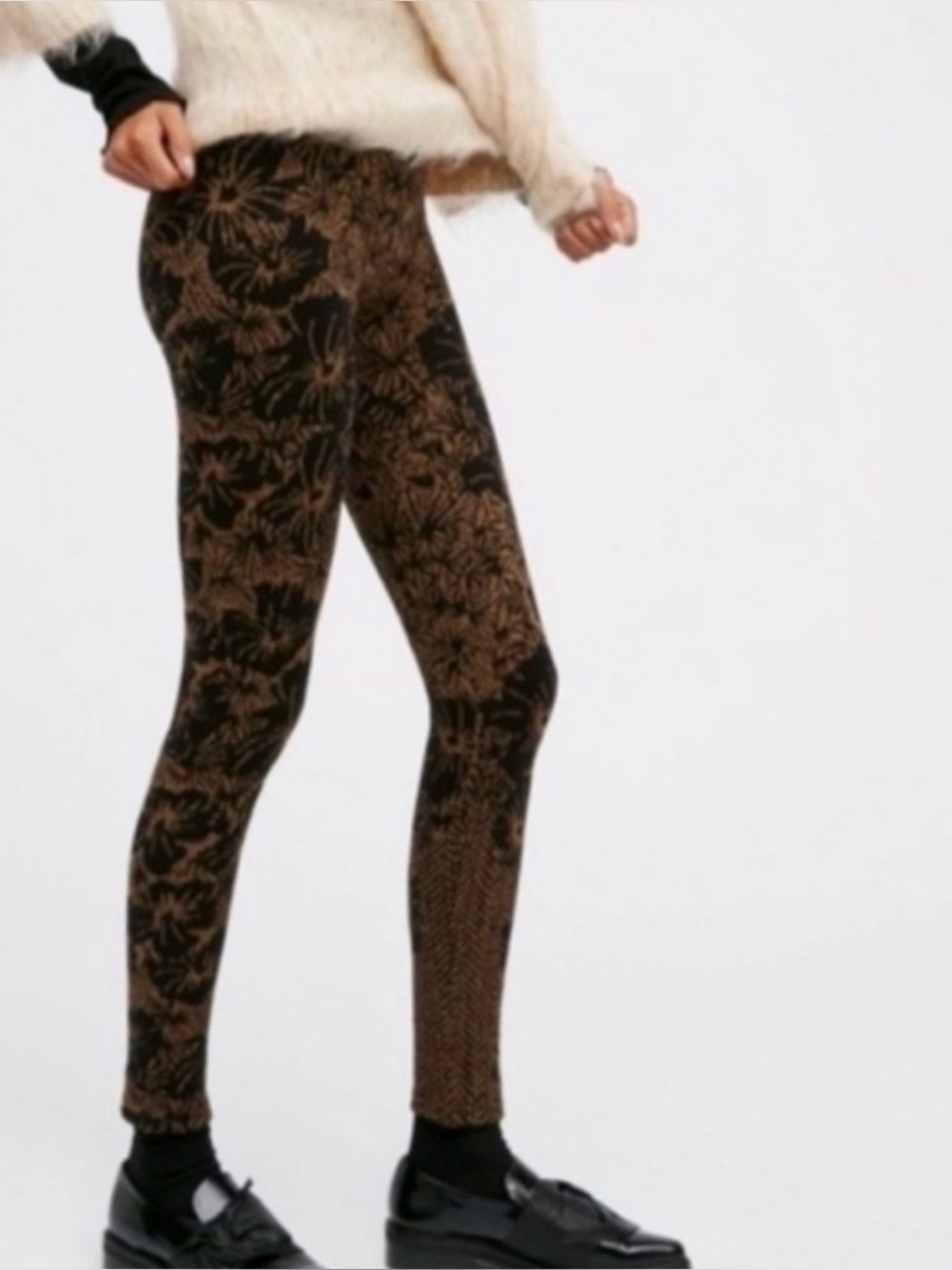 Free People Black and Gold Metallic Jacquard Knit Leggings Intricate Baroque